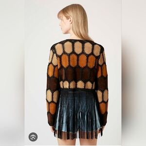 Patchwork Crochet Cardigan Boho Black Tan Fringe Sz M/L Festival Country Indie